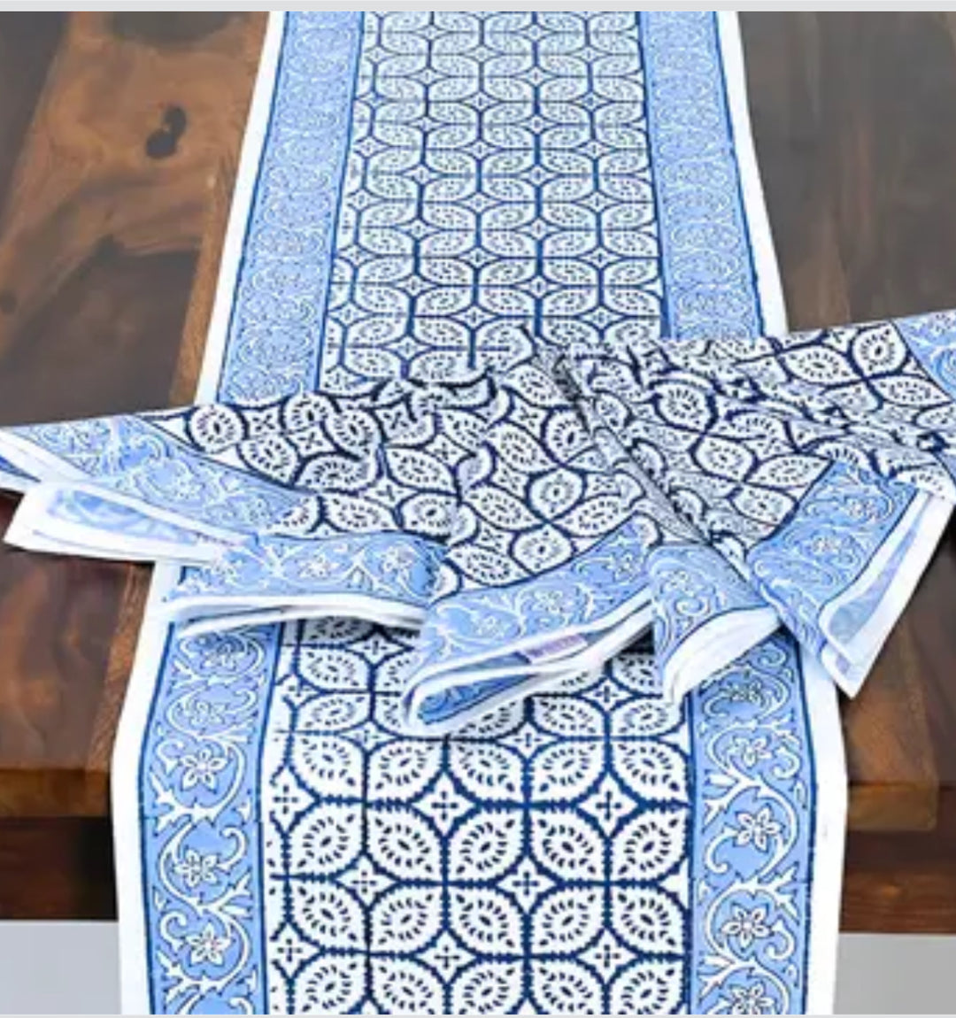 Hand block printed blue and white 100% cotton table runner