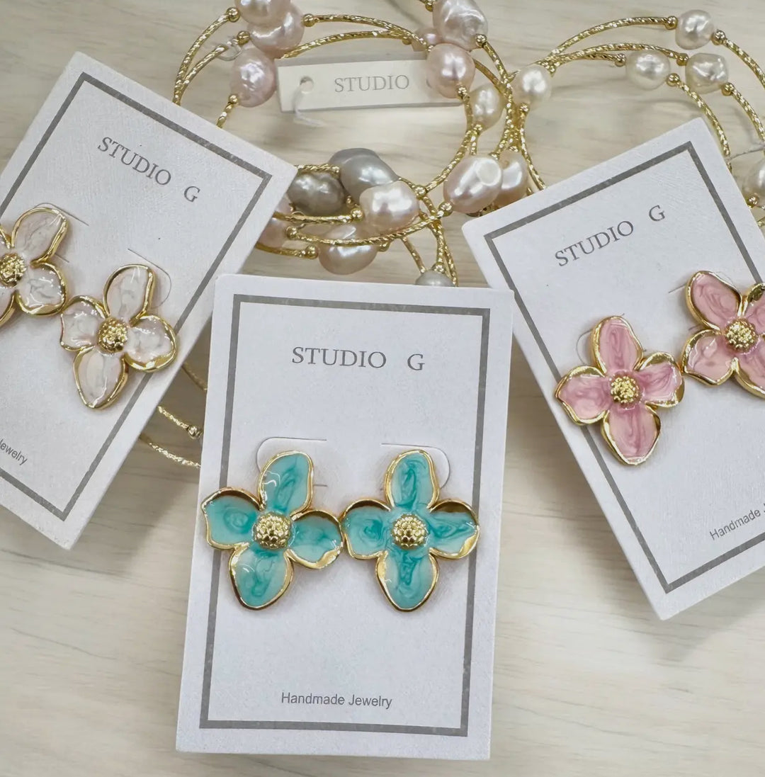 Dogwood Flower Enamel Earrings-Beige
