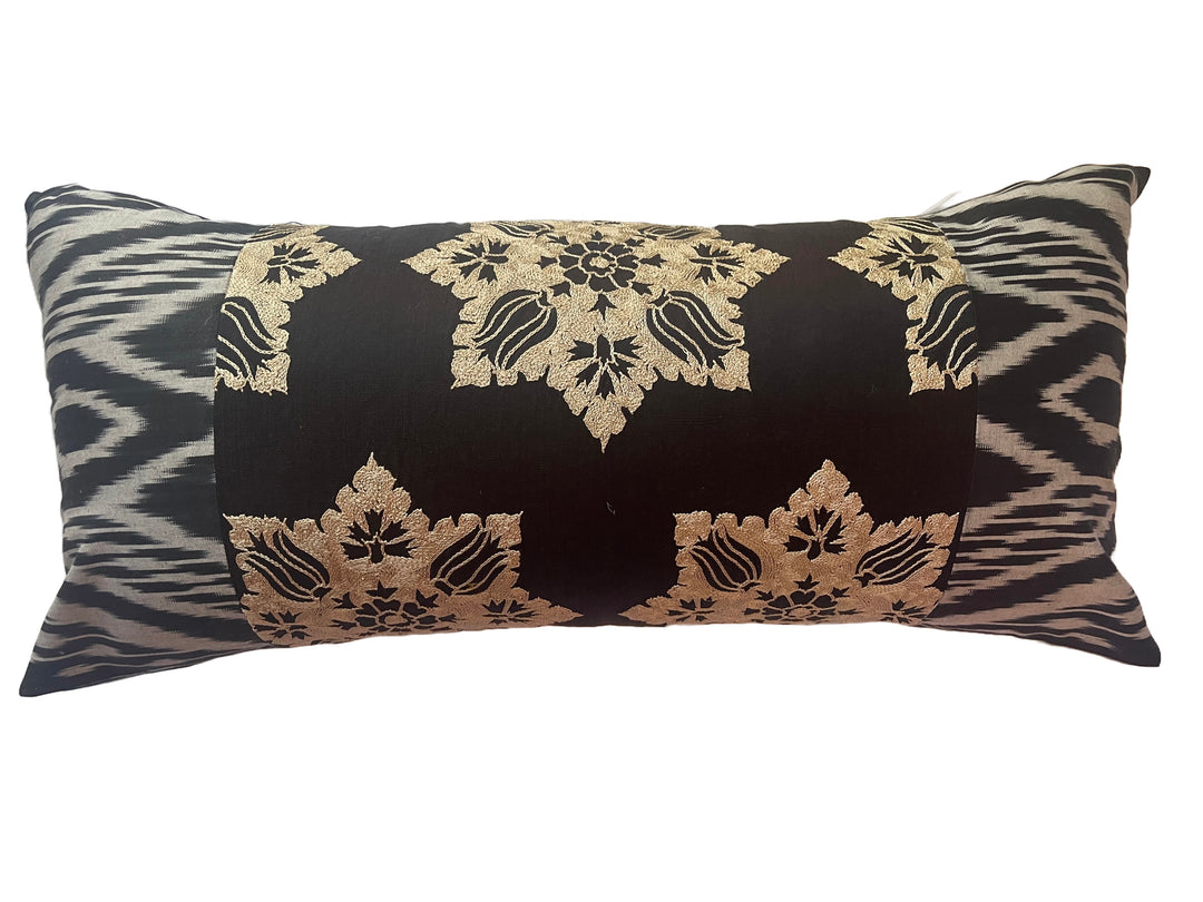Hand Embroidered Suzani Lumbar pillow-Black and beige
