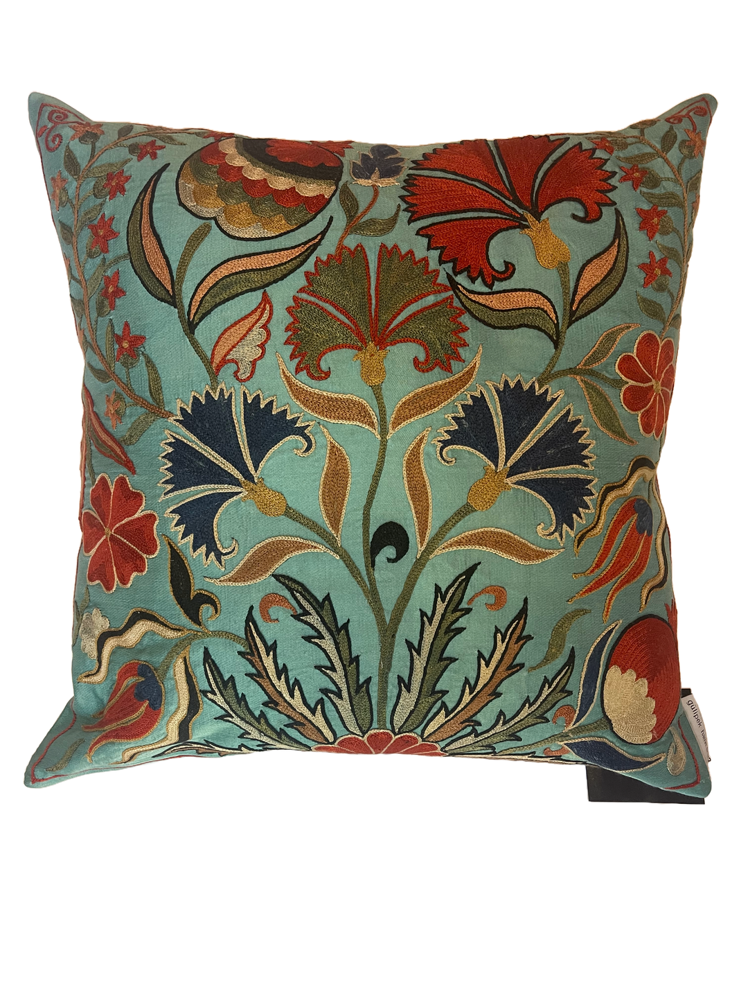 Hand Embroidered Square Suzani throw pillow-Aqua, red, and blue.