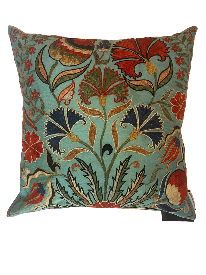 Hand Embroidered Square Suzani throw pillow-Aqua, red, and blue.