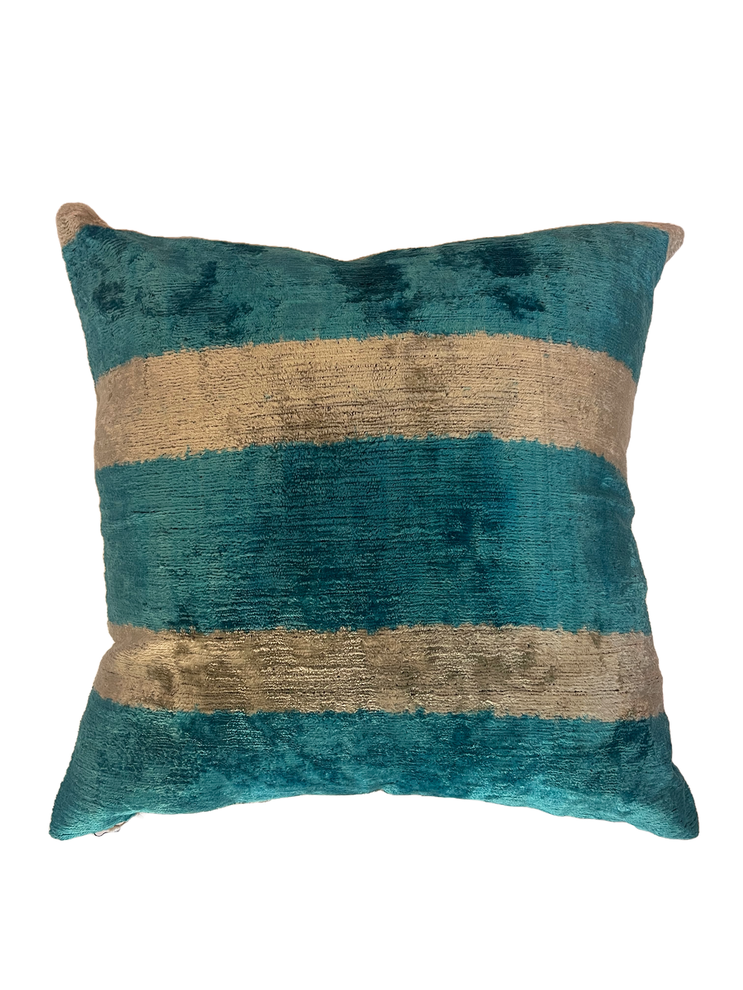 Graphic turquoise and cream silk velvet throw pillow