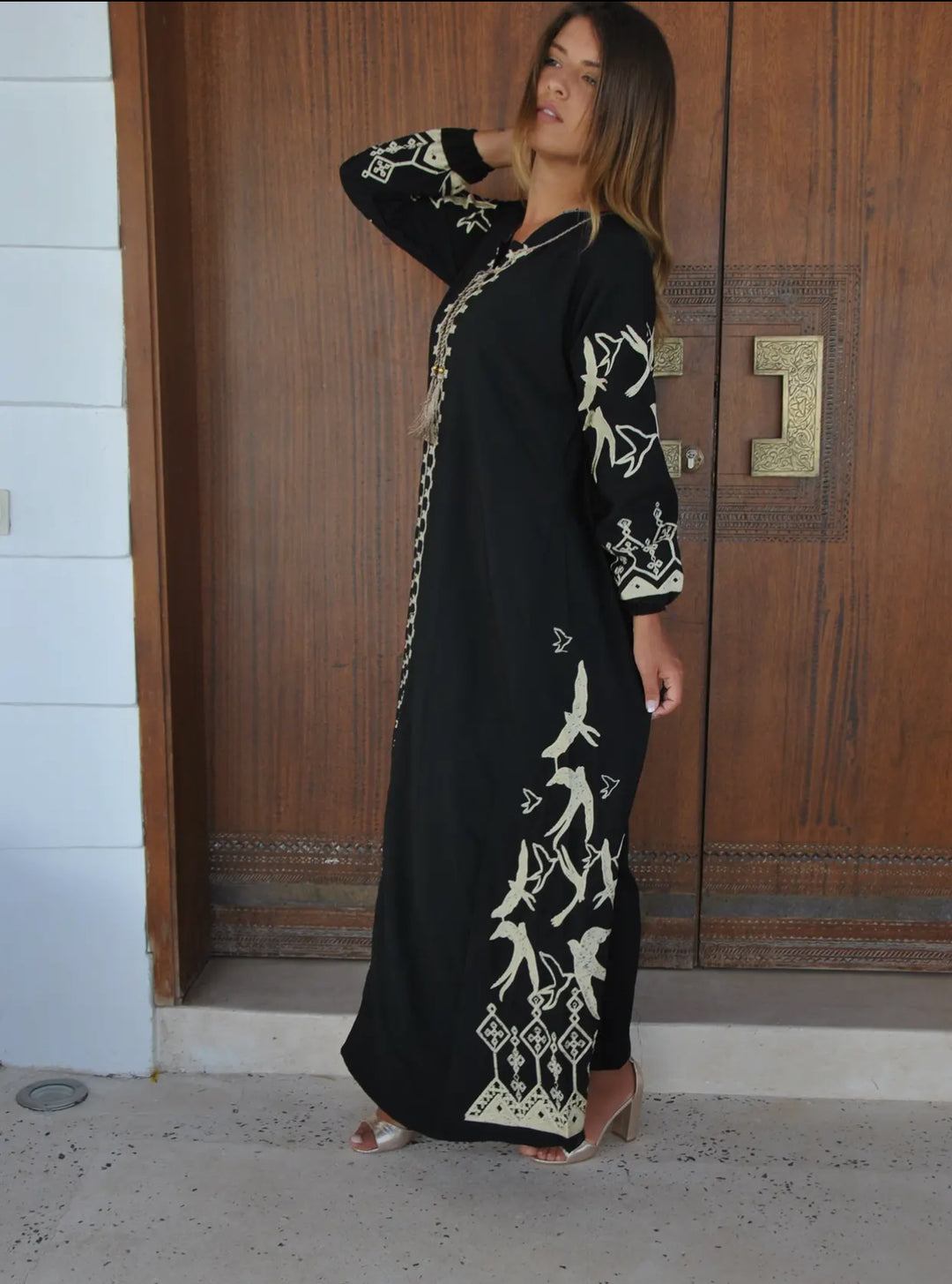 Kaftan Maxi Dress with Embroidered Swallows-Black and Cream