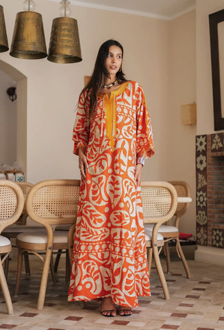 Kaftan Maxi Dress-Boho Styled graphic pattern-Orange/White