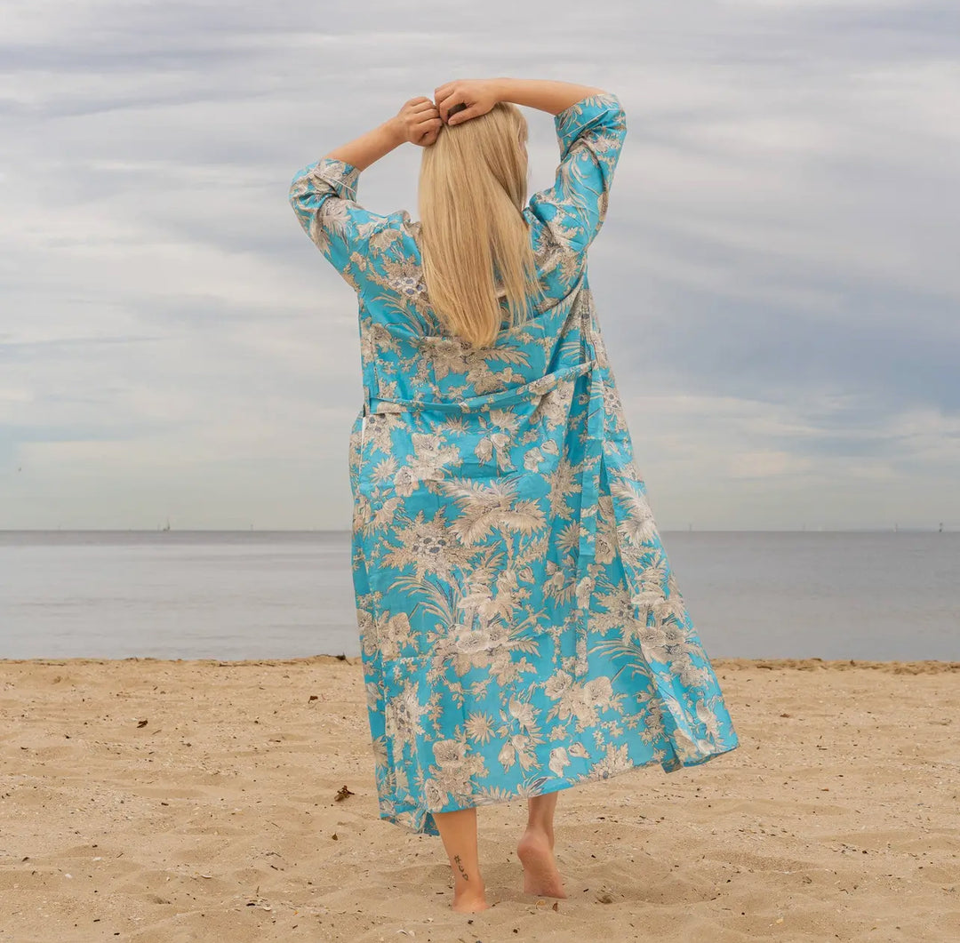 Cotton Kimono Robe-Tropical Toile Turquoise