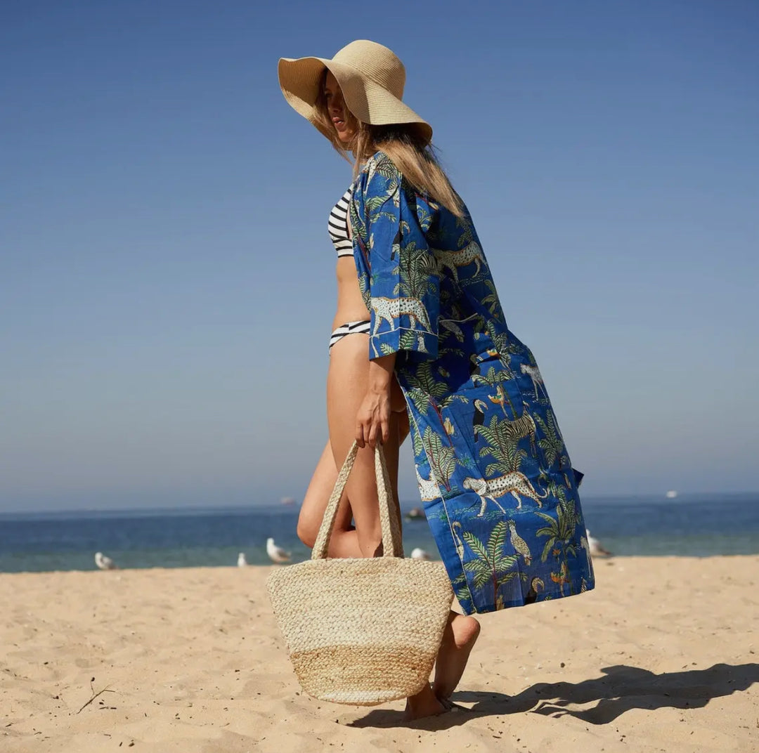 Cotton Kimono Robe-Jungle Chic-Royal Blue