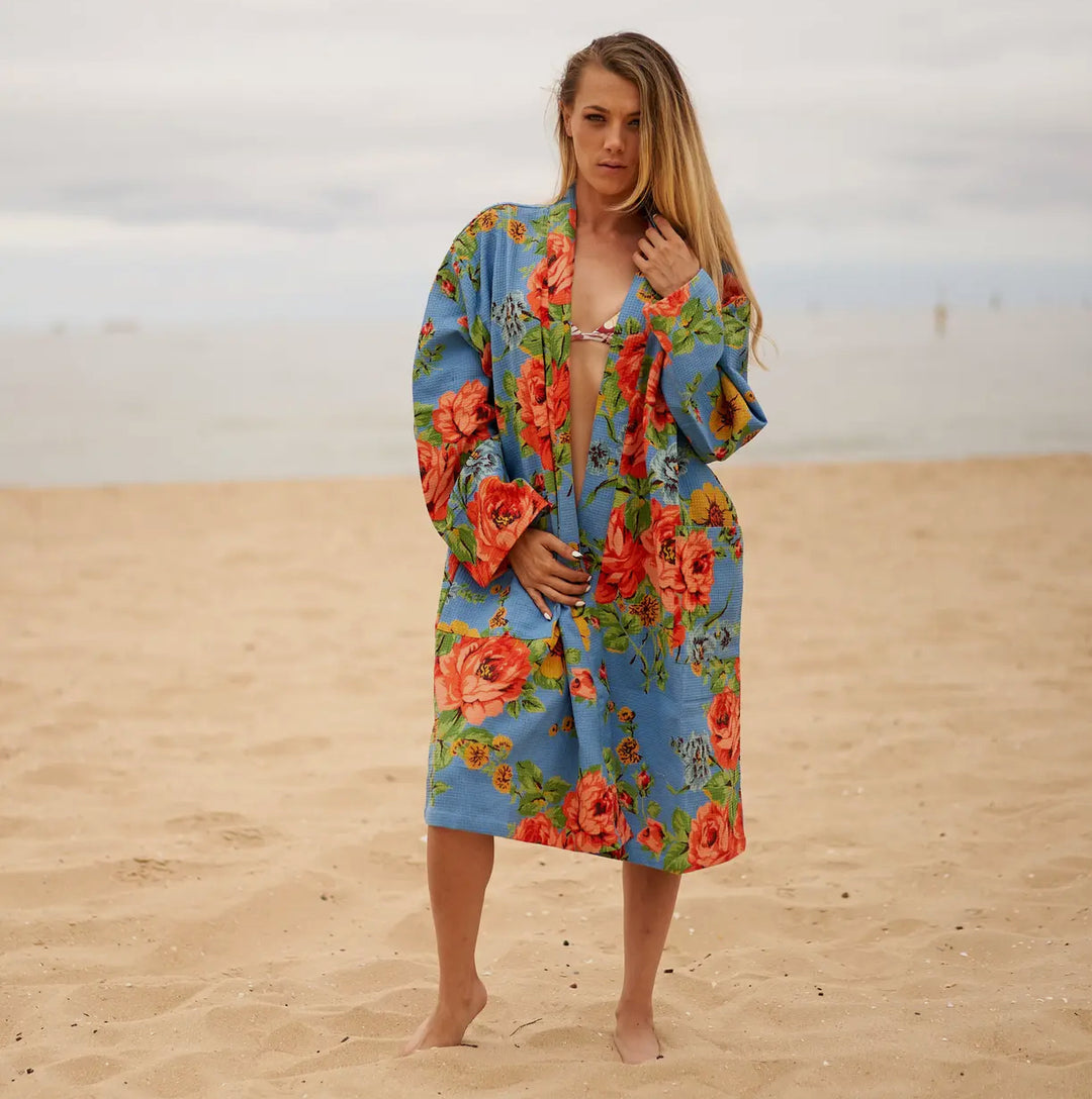 Cotton Waffle Weave Floral Kimono Robe-Sky/Red