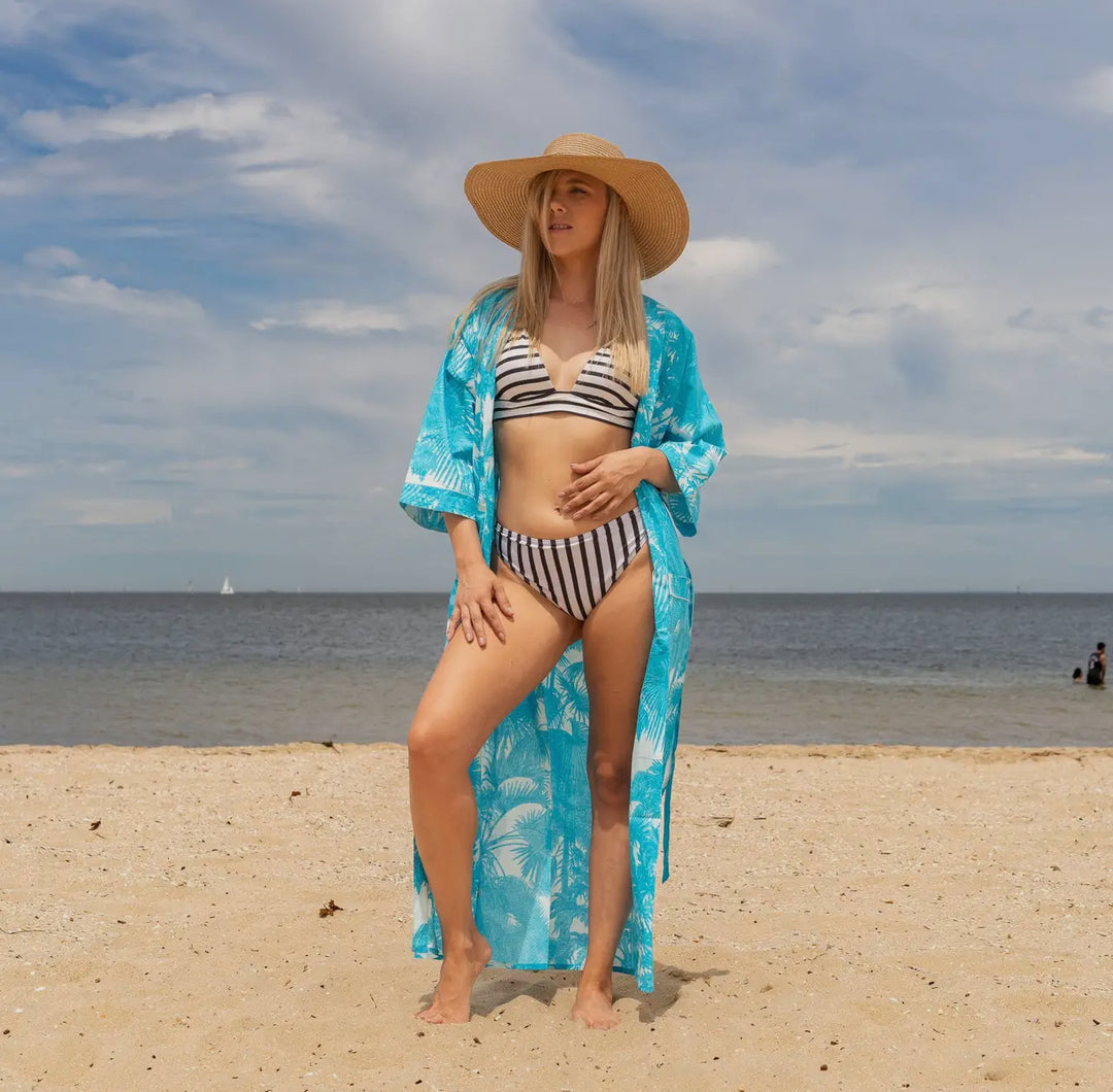 Cotton Kimono Robe-Turquoise Palms