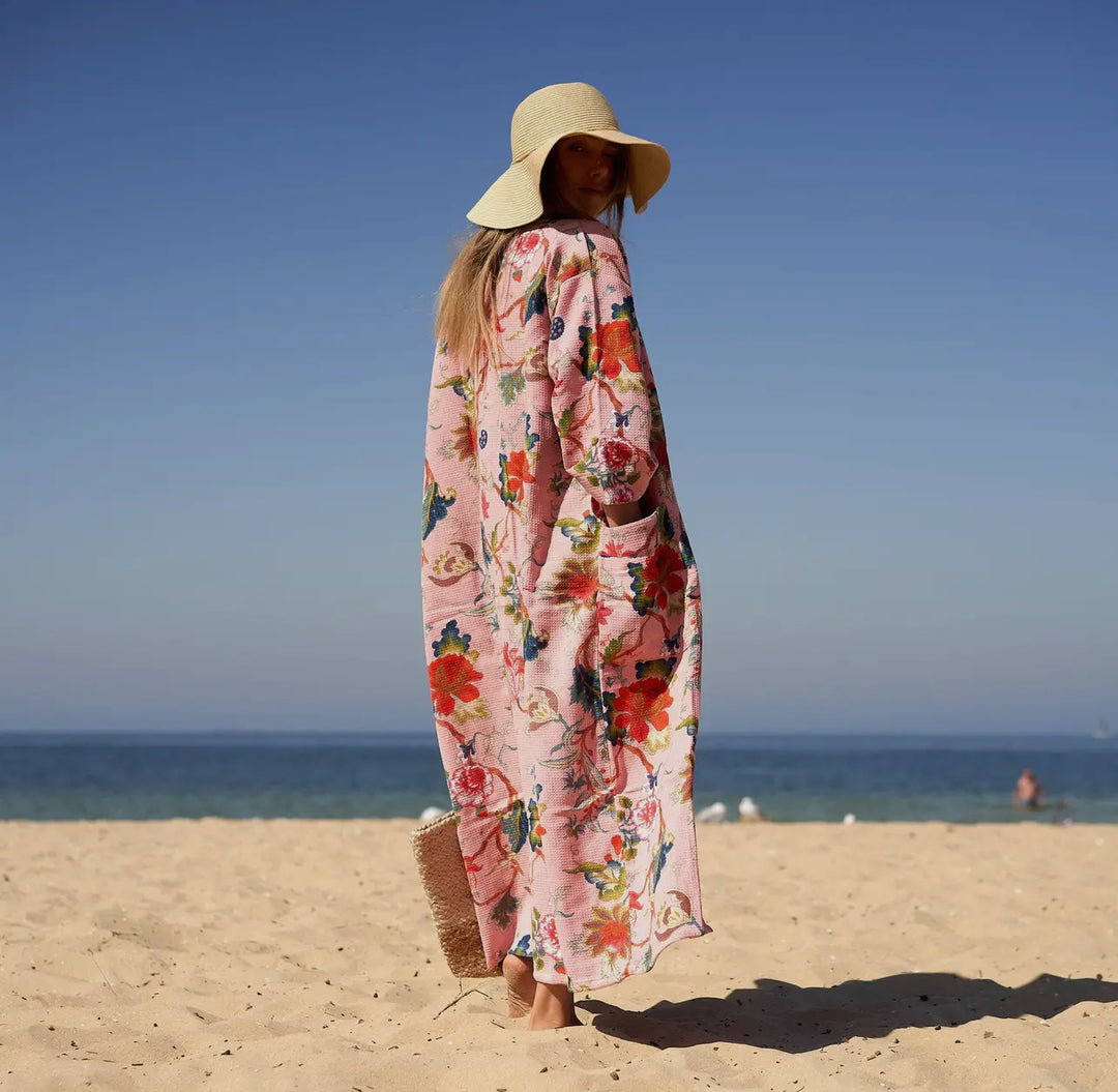 Cotton Waffle Weave Floral Robe-Pink