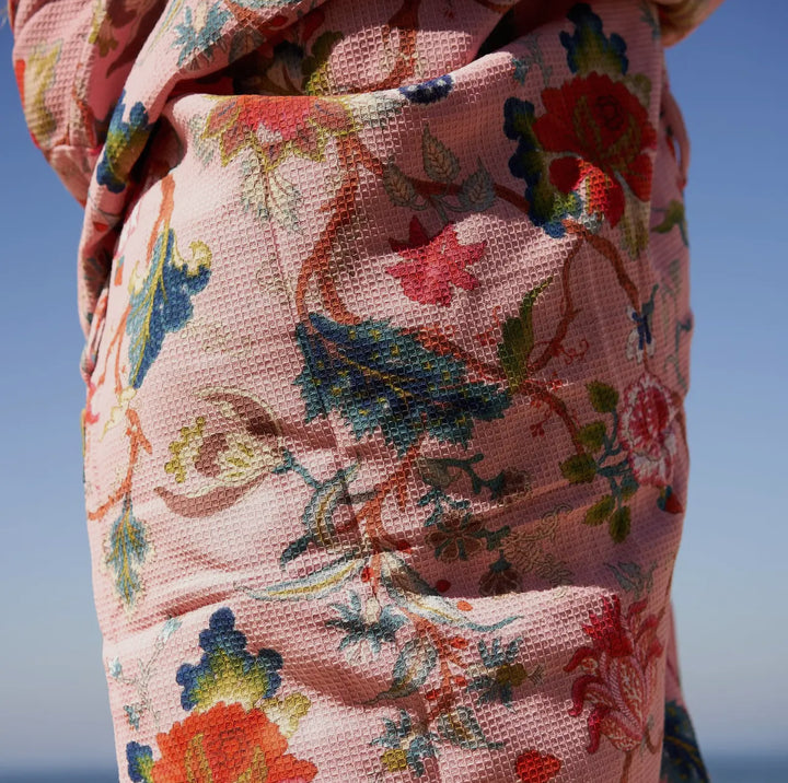 Cotton Waffle Weave Floral Robe-Pink
