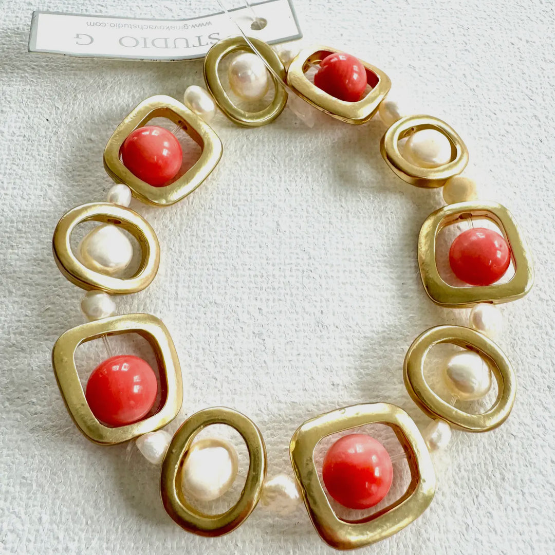 Brushed Coral Bead and Freshwater Pearl Bracelet