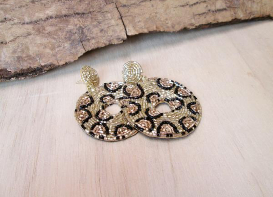 Hand beaded leopard print earrings-black and gold