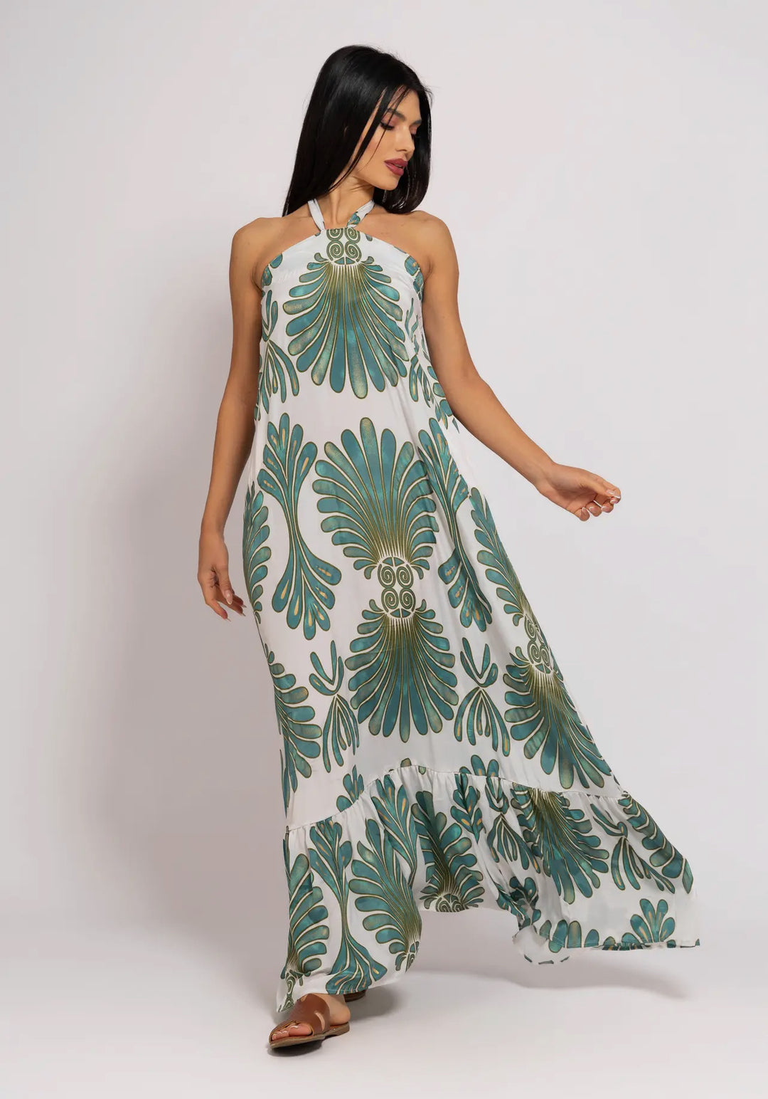 Boho Styled Resort Wear Dress-Emerald/white