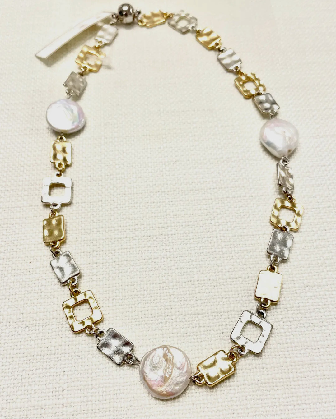 Short Geo Gold and Silver Necklace with Pearl Coin