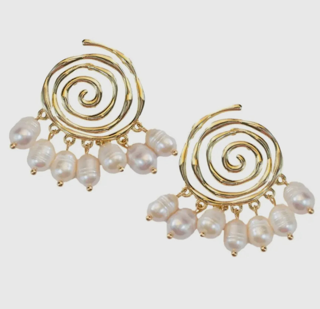 Golden Swirl Earrings with Genuine Pearl