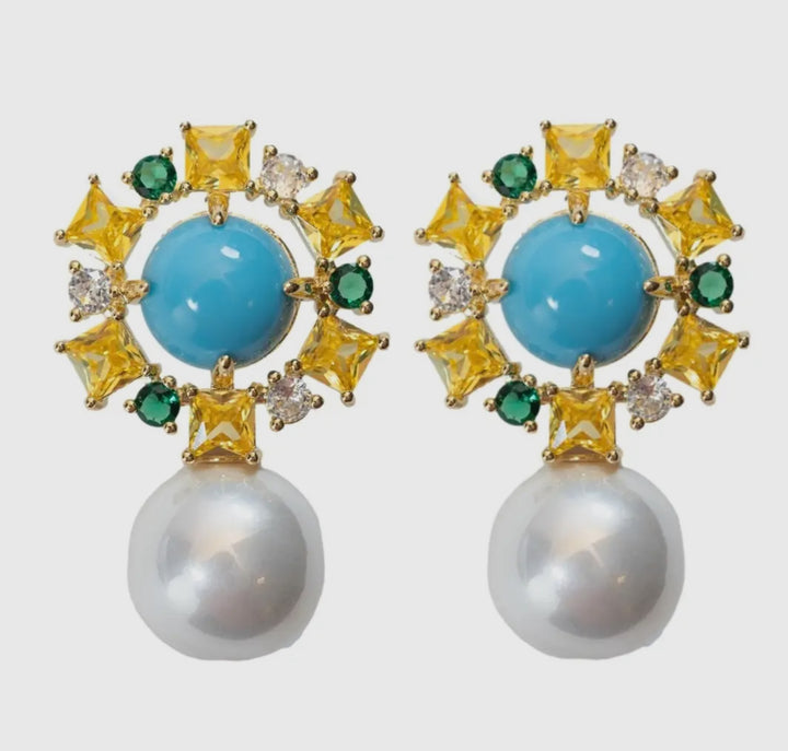 Palm Beach Glam Pearl and Turquoise Earrings