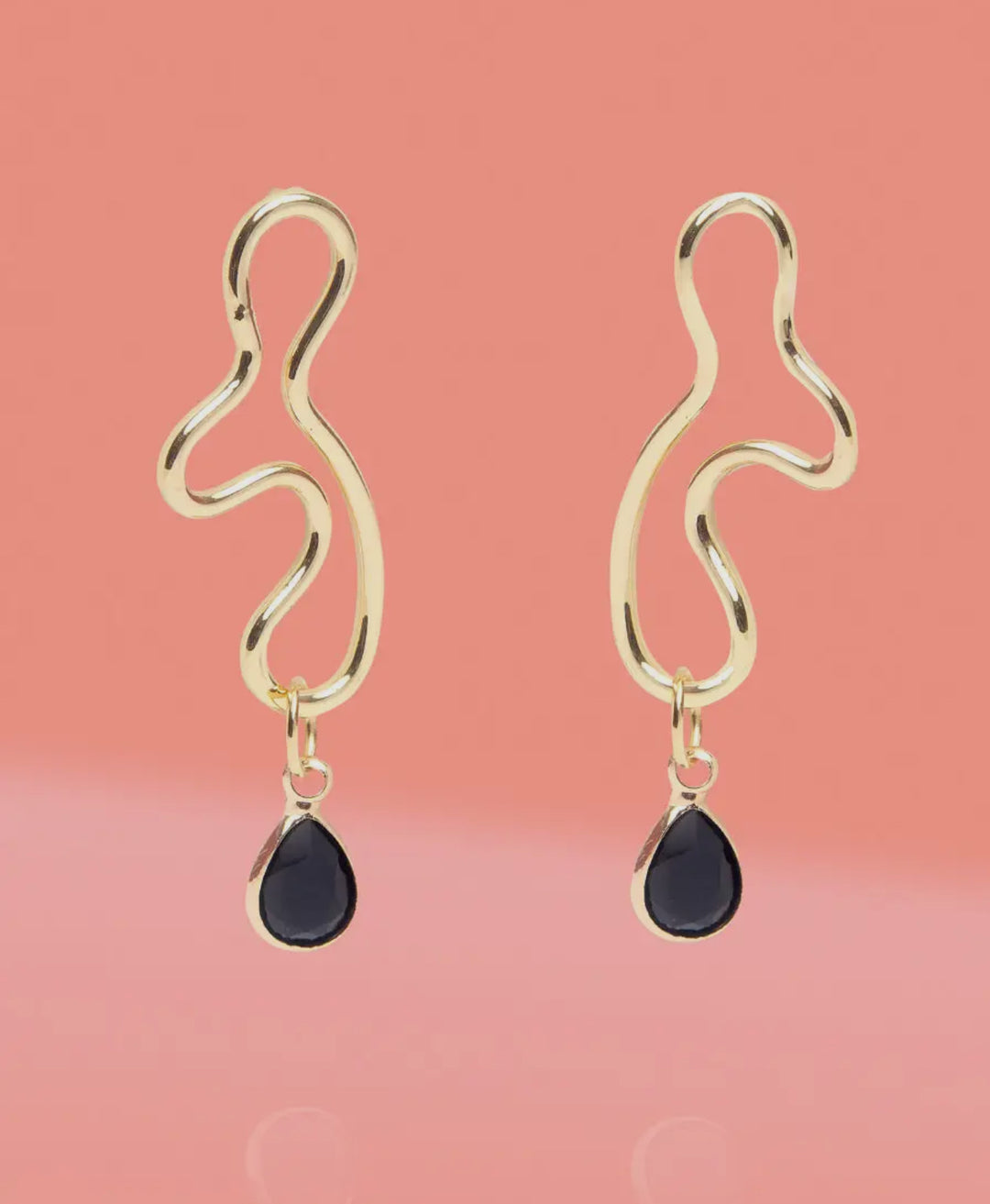Abstract Gold Wiggle Earrings with Black Crystal