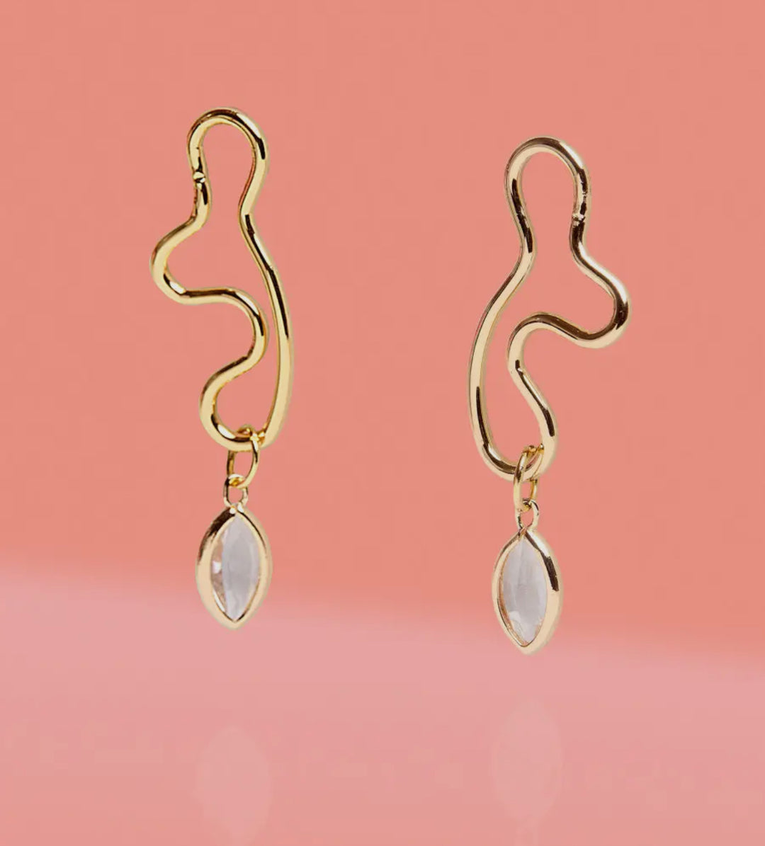 Abstract Wiggle Gold Plated Earrings-Clear Glass Charm