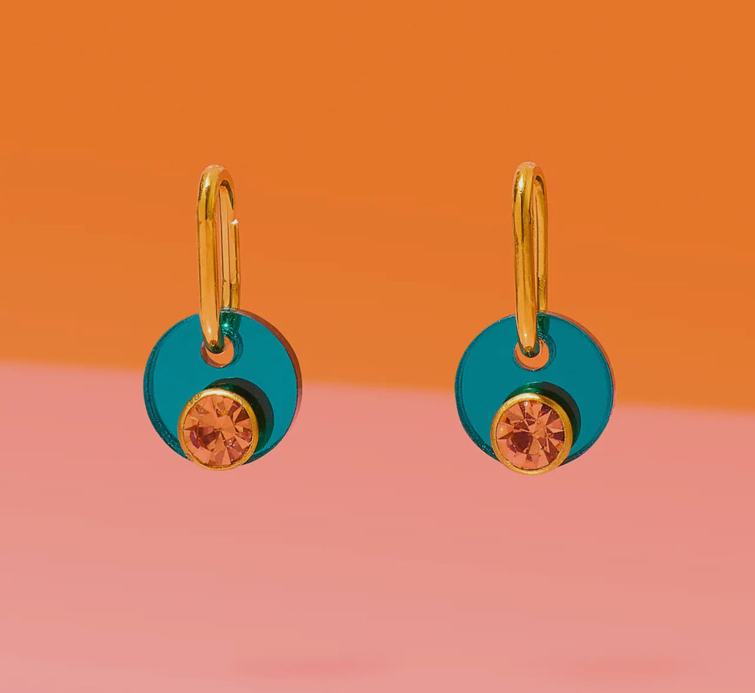 Deco Glam Medallion Earrings-Teal/Orange Crystal