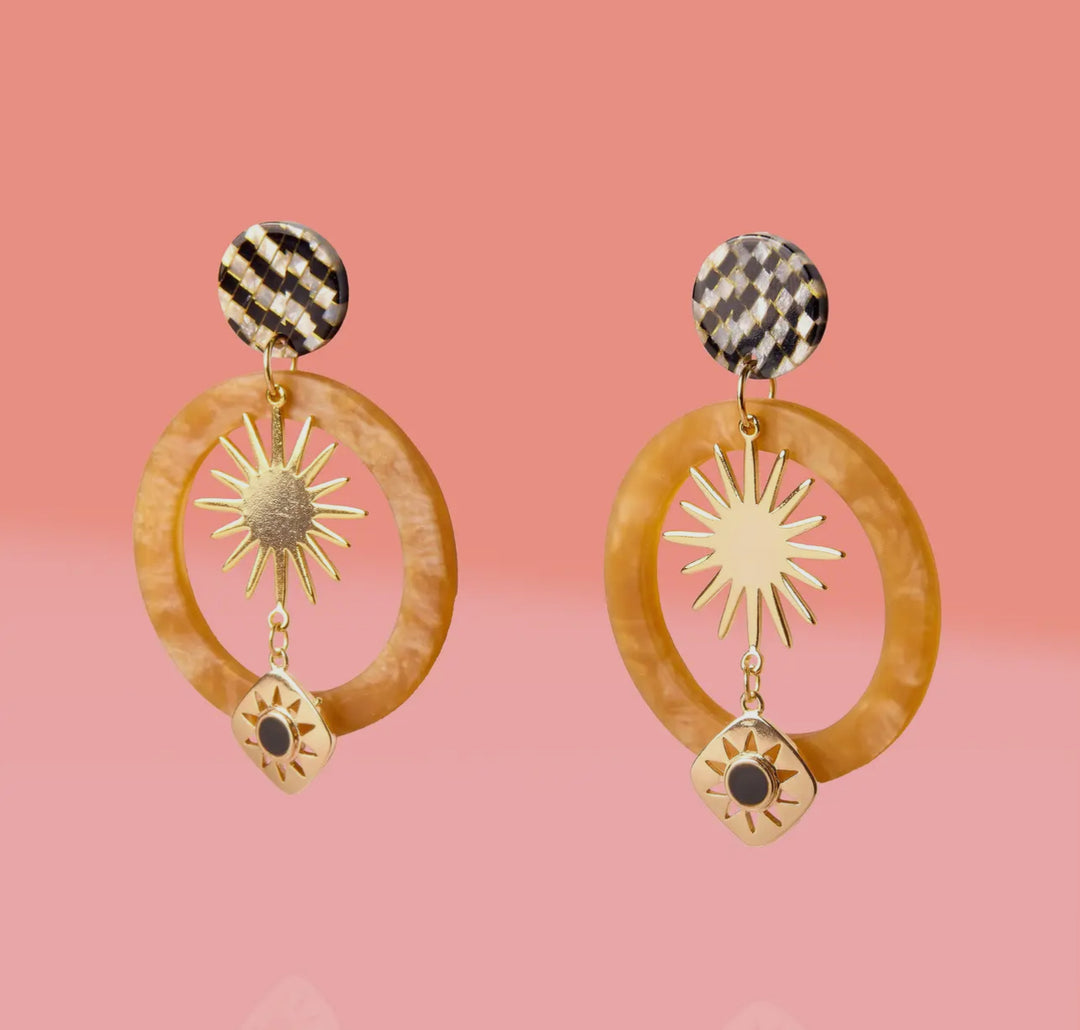 Boho Tan Hoop Earrings with Starburst Charm