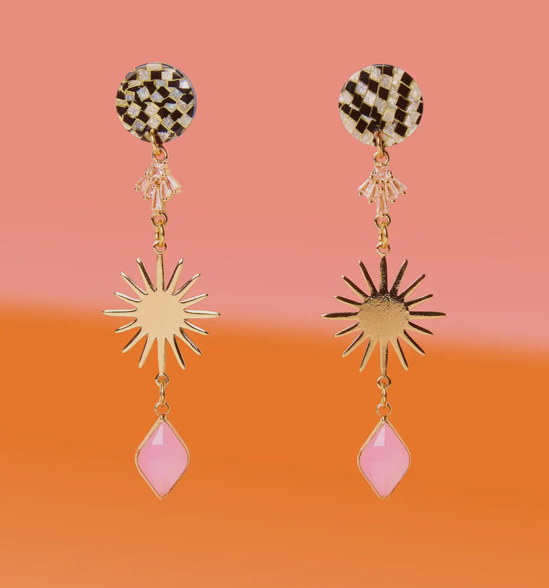 Glam Dangle Earrings with Gold Starburst-Pink Crystal
