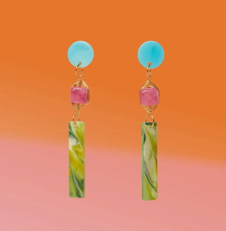 Tropical Dangle Earrings-Turquoise, green/pink