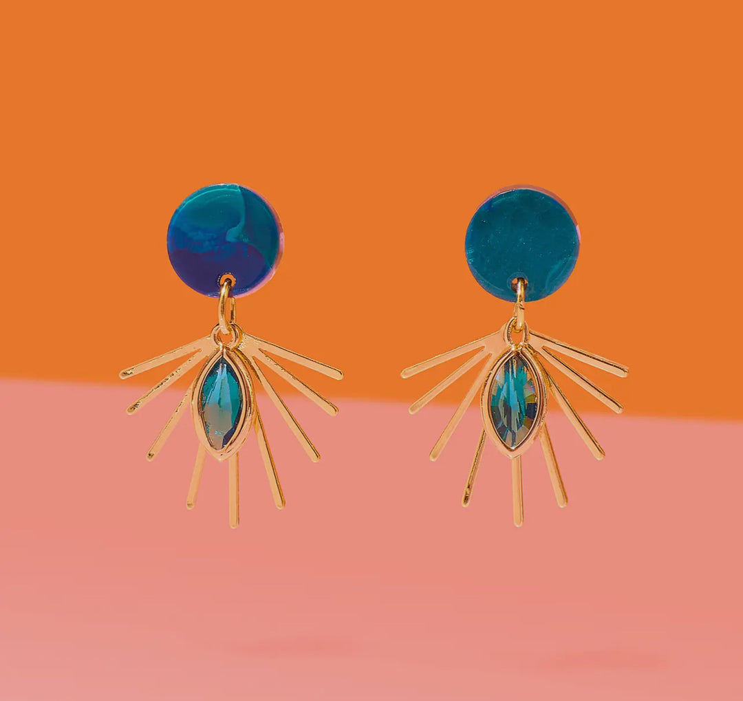 Ocean Oasis Dangle Earrings with Starburst with Glass Charm-Teal