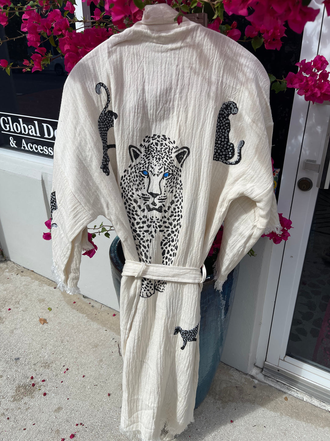 Hand stamped 100% organic cotton Kimono robe-Leopard motif on ecru cotton.