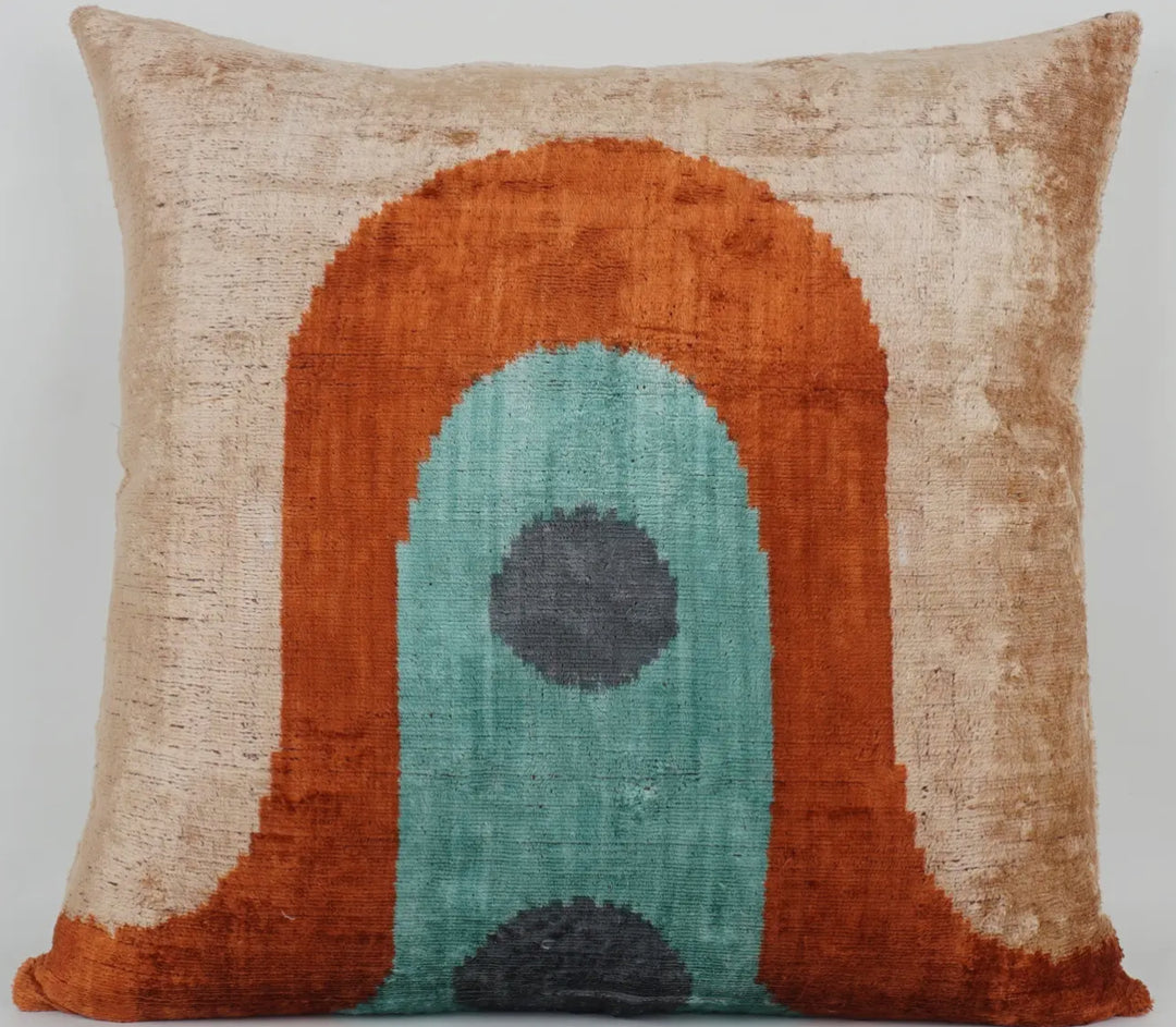 Graphic 100% Silk Velvet Ikat Throw Pillow-Rust//turquoise/tan 20"x20"