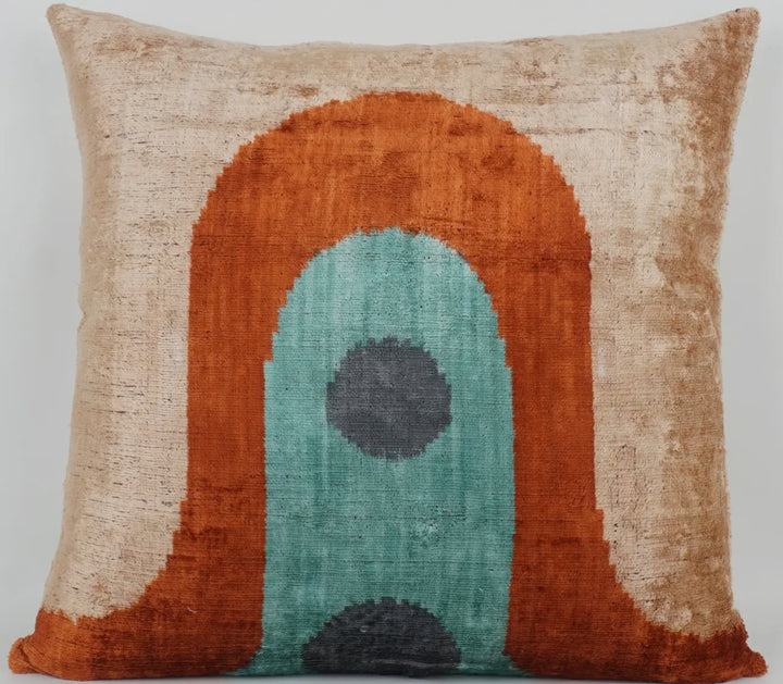 Graphic 100% Silk Velvet Ikat Throw Pillow-Rust//turquoise/tan 20"x20"