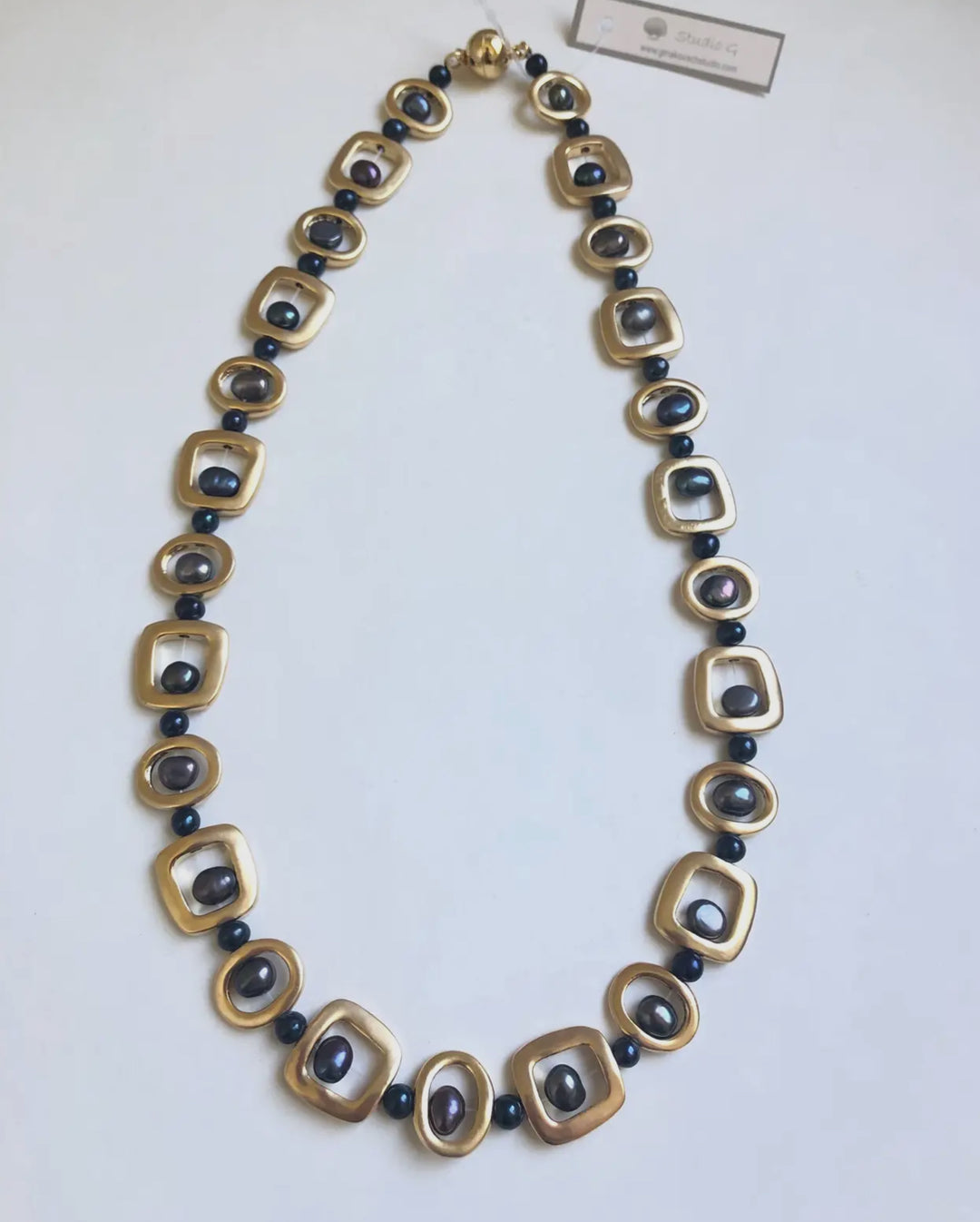 Brushed Gold Metal and Black Freshwater Pearl Necklace