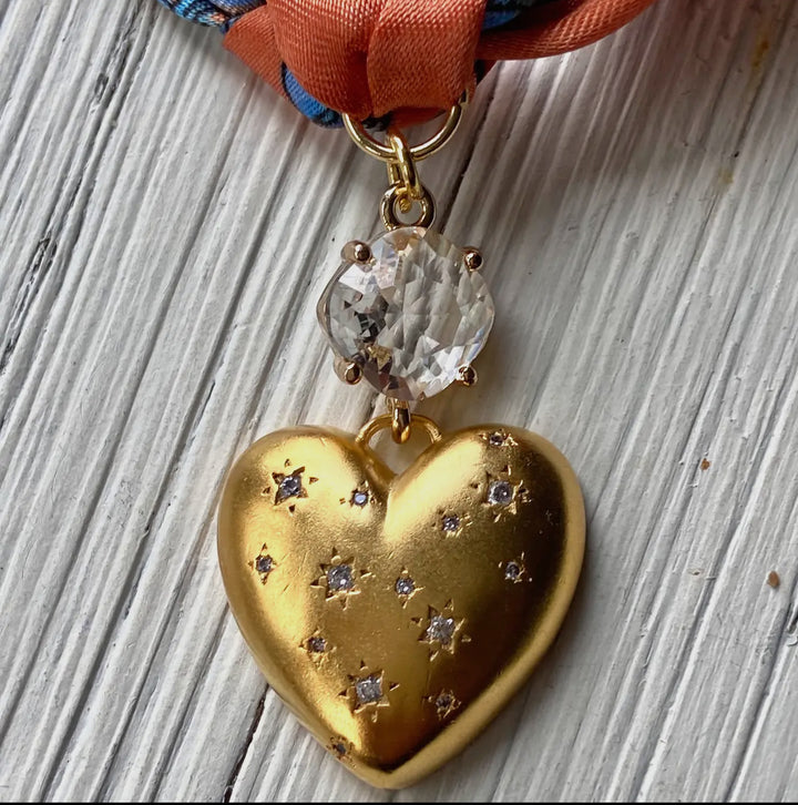 Scarf Necklace-Orange with Gold Heart