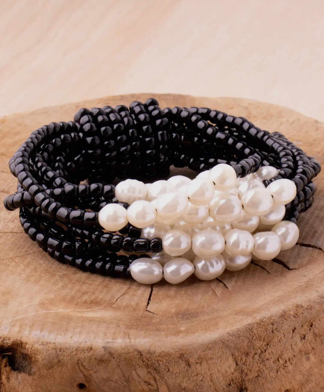 Freshwater Pearl and Beads Stretch Bracelet-Black