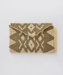 Mosaic Mantra Beaded Clutch Purse-Natural/Gold/Pewter