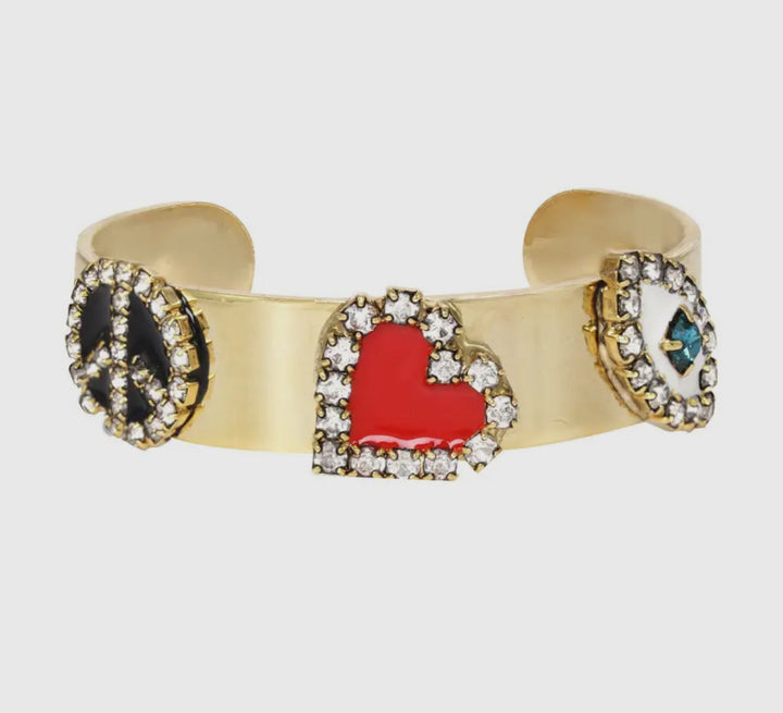 Peace Sign and Heart Crystal Cuff Bracelet