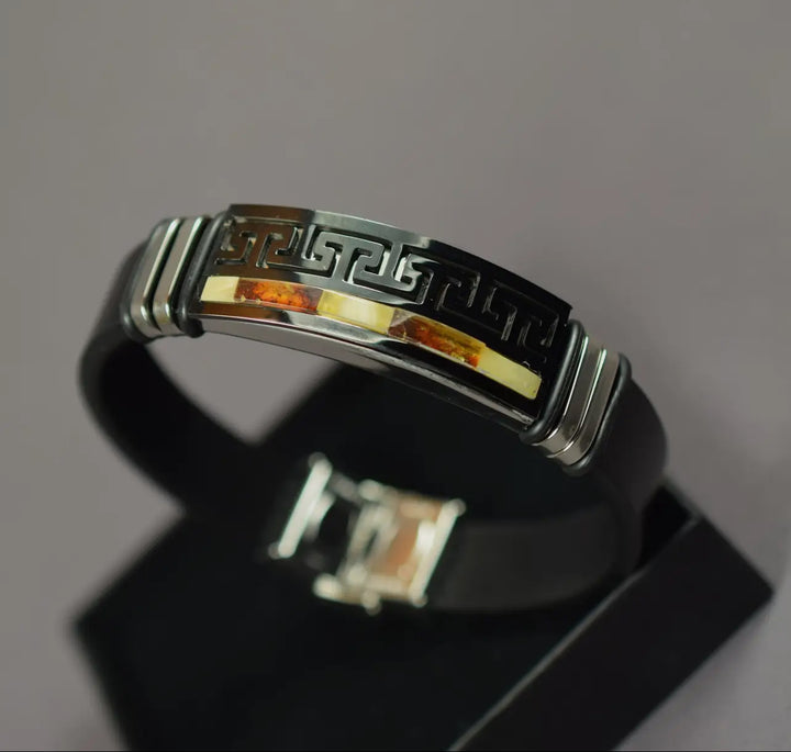 Men's Black Leather and Baltic Amber Bracelet
