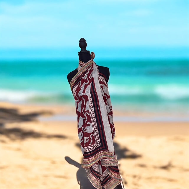 Sarong/Pareo-Cranberry and white with abstract tiger motif