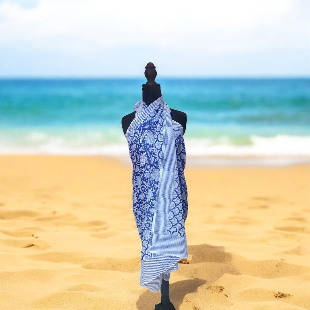 Sarong/Pareo-Blue and White Block Floral