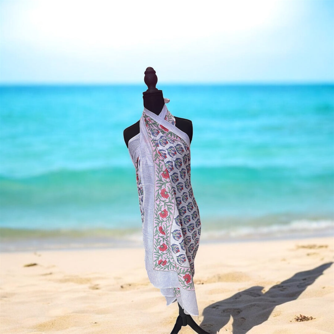 Sarong/Pareo-Cover up-Blue Block Print with berry flowers
