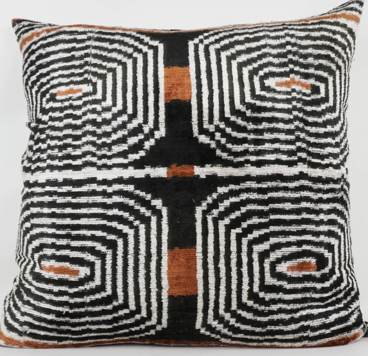 Graphic black/copper/white Silk velvet Ikat throw pillow-24"x24"