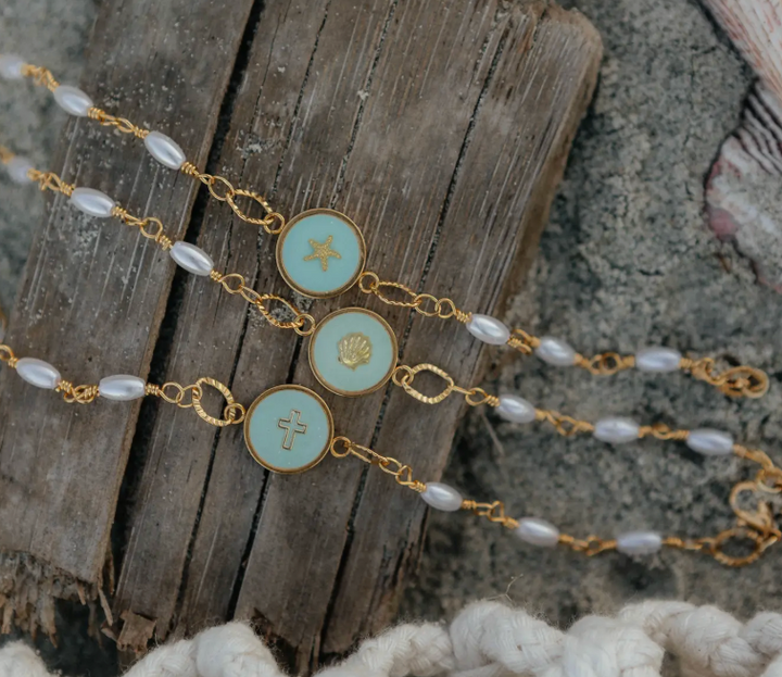Pearl and 18K gold chain Bracelet-White Cross