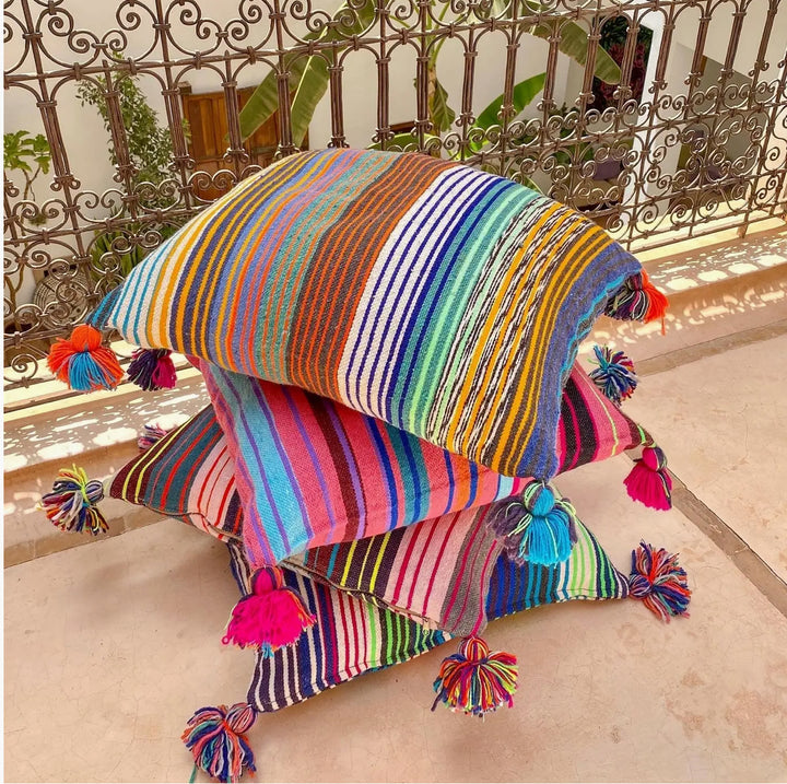 Mouira Multi Striped pillow with Pom Pom pillow made in Morocco