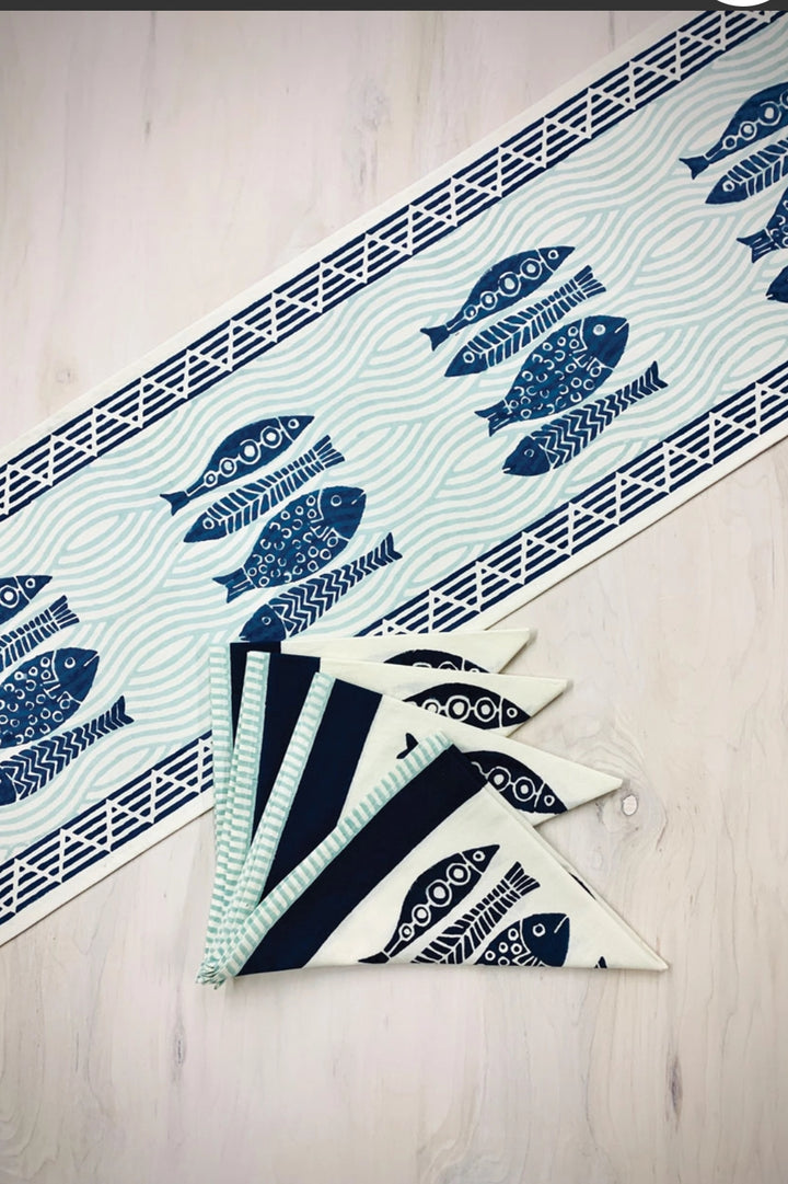 Fish Patterned -100% cotton block printed table runner