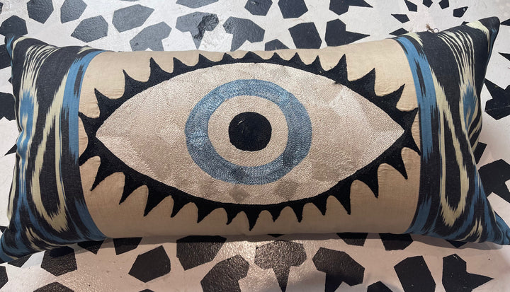 Evil Eye-Hand made Suzani lumbar pillow-Black and blue