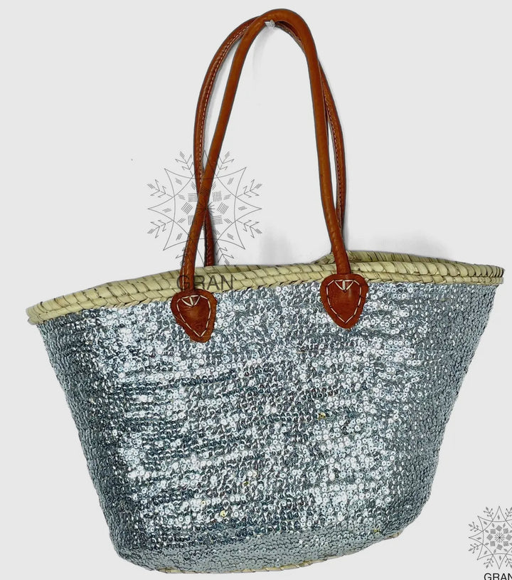 Sequined Straw Tote Bag-Silver Metallic