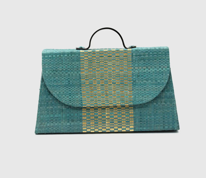 Straw Handbag with Metallic Detailing and Horn Handle-Teal and gold metallic