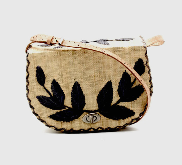 Embroidered Vines Straw Crossbody Bag