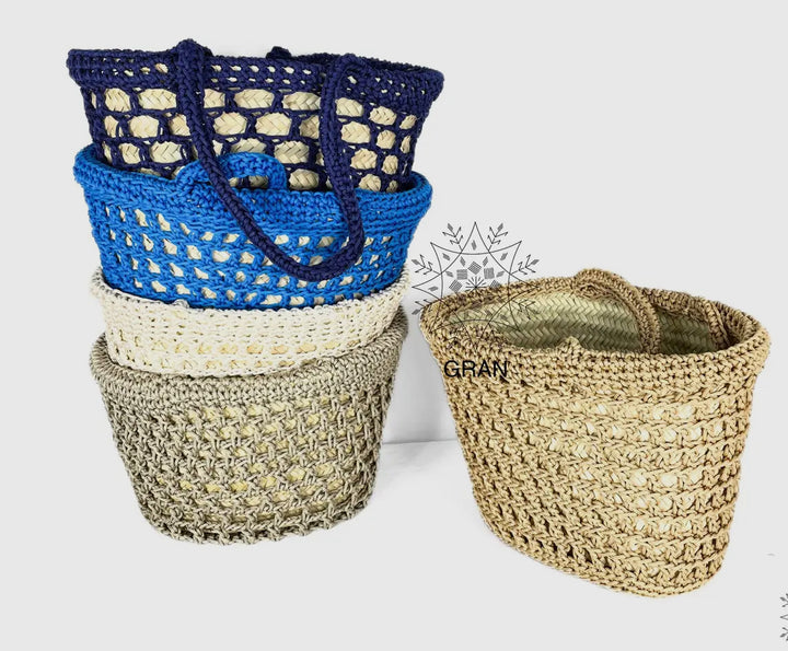 Crocheted and Straw Market Tote Bag-White