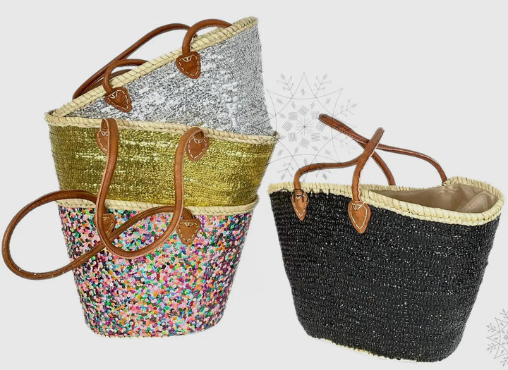 Sequined Straw Tote Bag-Silver Metallic