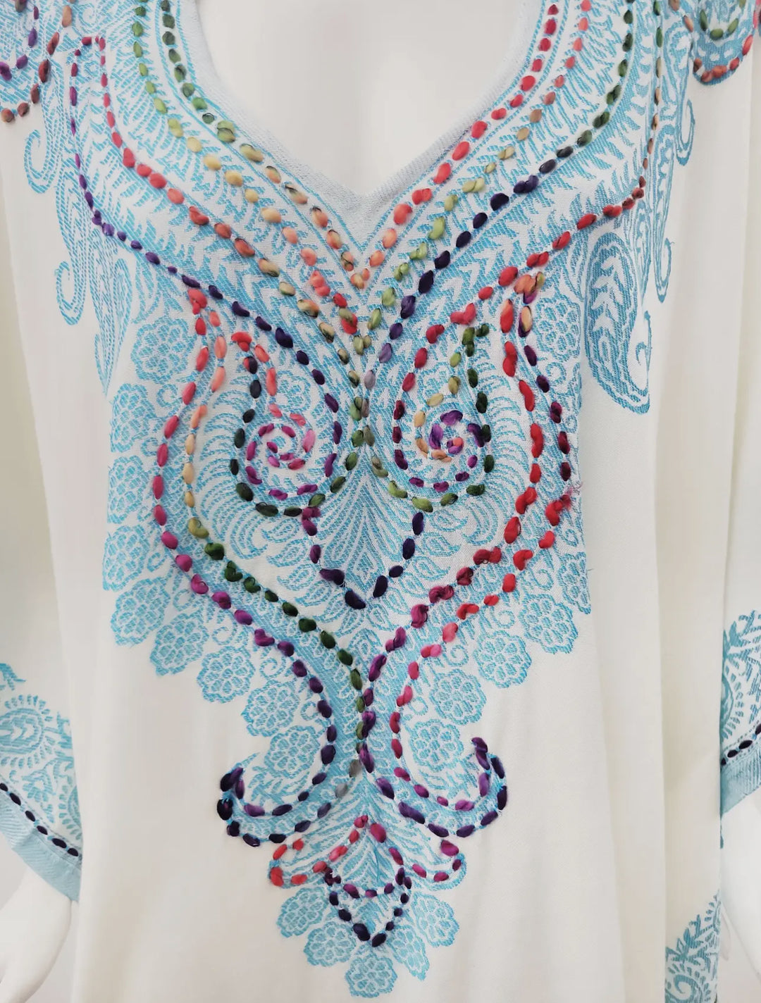 Beach cover up-100% cotton with embroidered bodice-turquoise and white